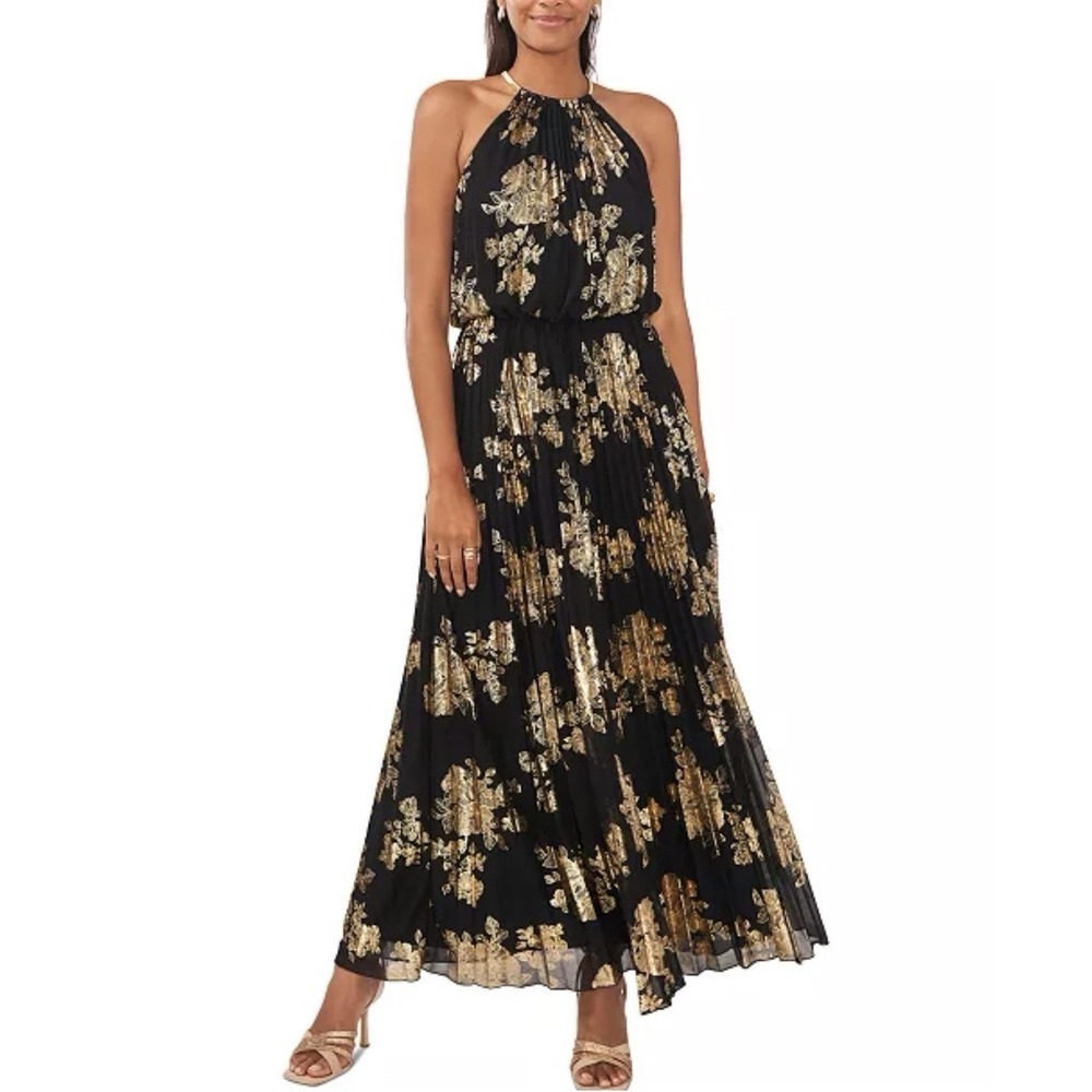 MSK Black Gold Pleated Halter Maxi Dress Evening Formal SIZE 16